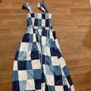 INC Denim Patchwork Silky Shirred Top Ruffle Shoulder Midi Dress